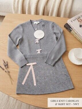 No Comment Girls Gray Skirt & Sweater Set w/Pink Bow Accents,S 7/8 NWT